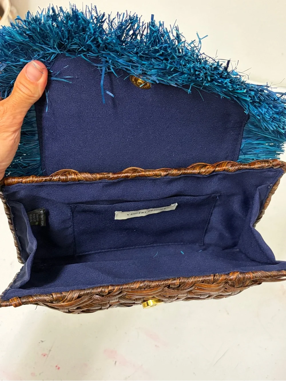 Anthropologie Brown Woven Rattan Clutch with Deep Teal Fringe